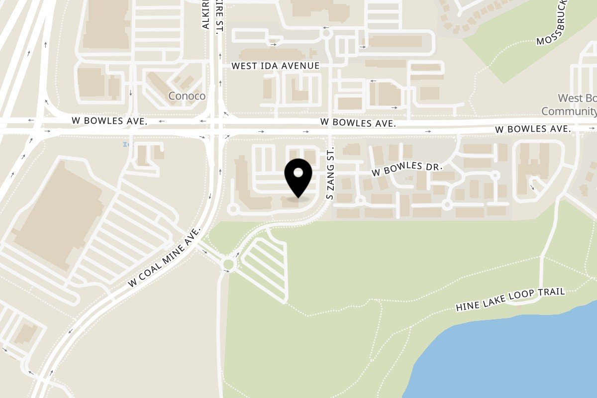Map showing the location of Antonio's Neighborhood Cafe on 5925 S Zang St #18 in Littleton
